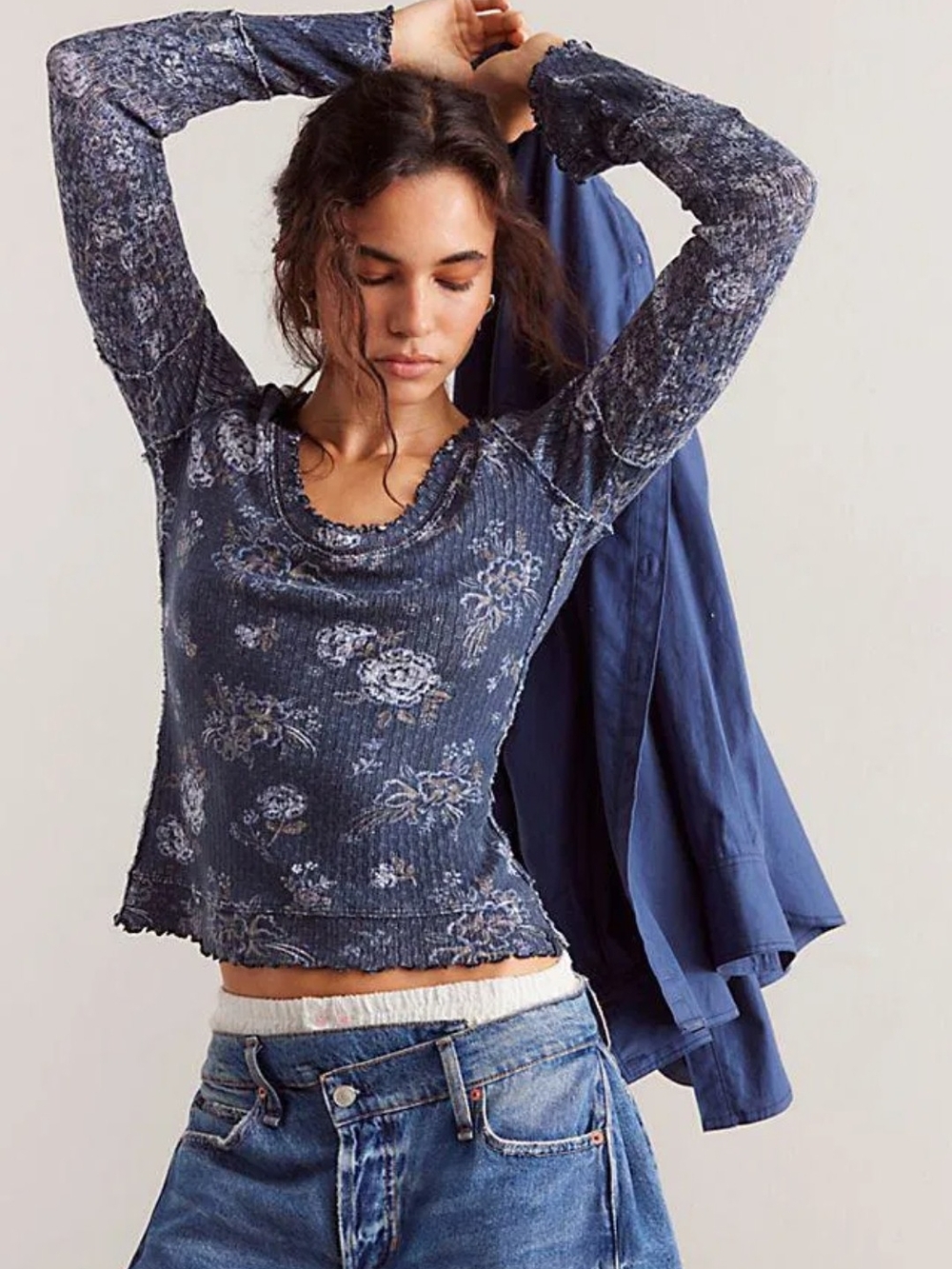 We The Free Vintage Blue Floral Ribbed Long-Sleeve Tee